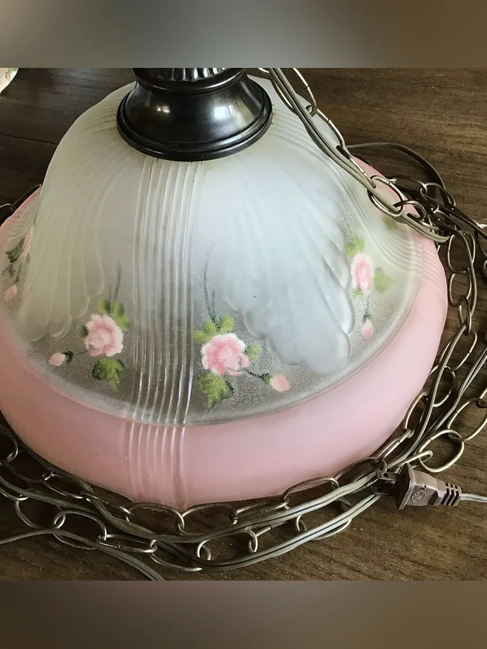 Vintage Cottagecore Pink & White Frosted Lamp with Handpainted Painted Roses